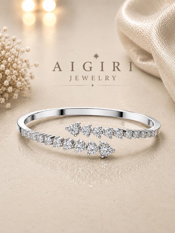 925 Sterling Silver Moissanite Open Cuff Bracelet – Twisted Bangle 