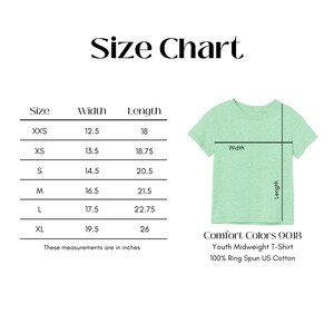 May include: Size chart for a youth midweight t-shirt made from 100% ring spun US cotton. The chart shows the width and length in inches for sizes XXS to XL.