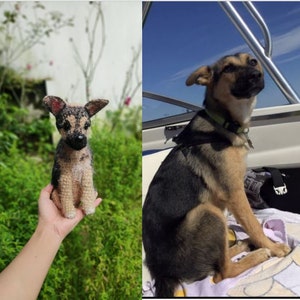 May include: A crocheted stuffed dog toy, brown and black, sitting in a person's hand. The toy is a replica of a real dog, sitting on a towel on a boat.