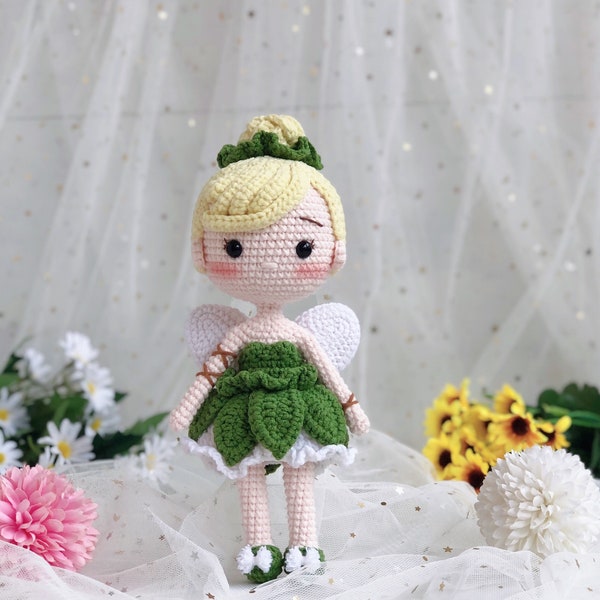 Poupée au crochet Fée Clochette, Objets de collection au crochet, Amigurumi, Jouet en laine fait à la main pour enfants, Poupées princesse, Poupée miniature