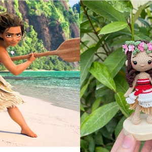 May include: A crocheted doll of Moana from the Disney film Moana. The doll is wearing a red and white top, a white skirt, and a flower crown. The doll is standing on a wooden base.