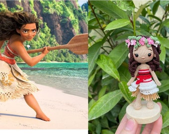 Boneca de crochê Moana, boneca princesa amigurumi, colecionáveis de crochê, amigurumi, brinquedo de lã artesanal para crianças