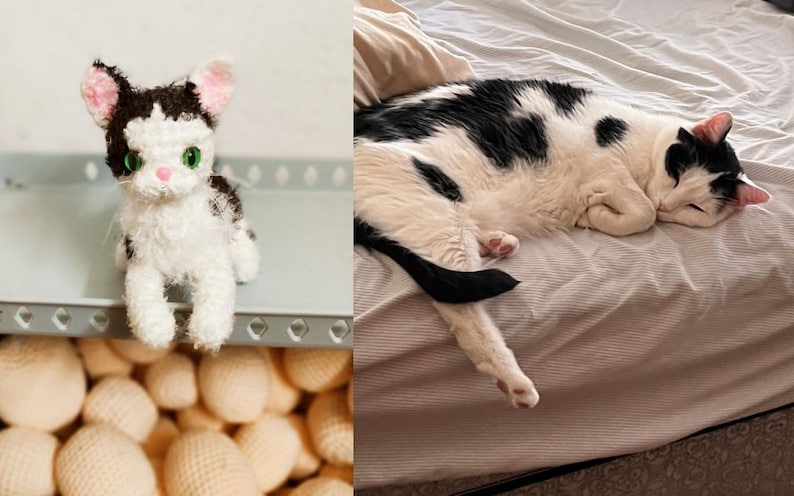 May include: A black and white crocheted cat toy with green eyes sits on a shelf above a pile of crocheted balls. A black and white cat sleeps on a white bed.