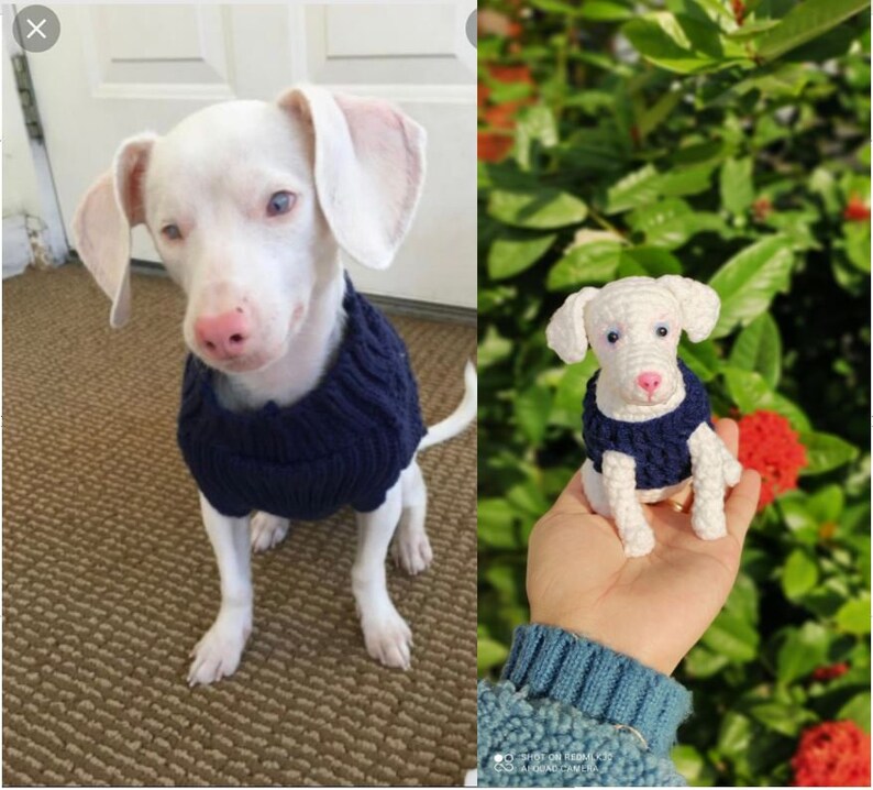 May include: A white dog wearing a blue knitted sweater. The dog is sitting on a brown carpet. A crocheted white dog wearing a blue knitted sweater is being held in a hand.