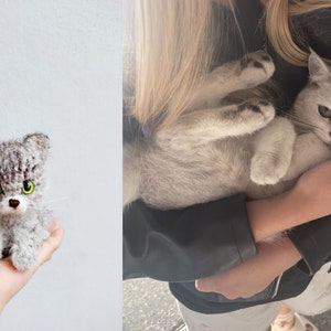 May include: A gray and white crocheted cat toy with green eyes. The toy is being held in a person's hand.