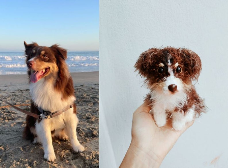 Op de afbeelding: Een bruine en witte Australian Shepherd die op een zandstrand zit. Naast de hond ligt een gehaakt knuffelhondje dat ook bruin en wit is.