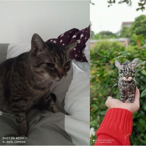 May include: A tabby cat sitting on a bed with a white and gray patterned blanket. The cat is looking down at the blanket. The image is split into two sections, with the cat on the left and a crocheted cat toy on the right.