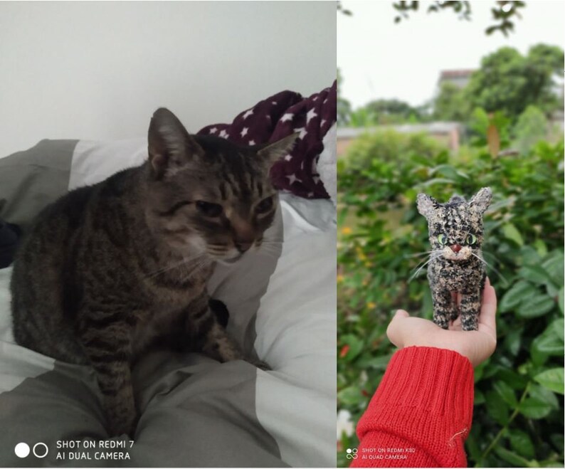 May include: A tabby cat sitting on a bed with a white and gray patterned blanket. The cat is looking down at the blanket. The image is split into two sections, with the cat on the left and a crocheted cat toy on the right.