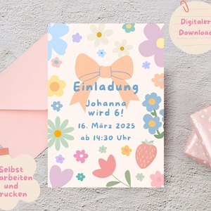 Kindergeburtstag Einladungskarte | Blumige Canva-Vorlage | Digitaler Download & selbst drucken