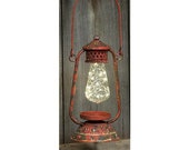 Red LED Lantern, Metal Lantern with Light, Old Oil Lantern, Faux Metal Oil Lamp, Vintage Inspired Glass Lantern, Hanging Red Lantern Lamp
