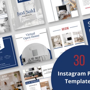 May include: A collection of 30 Instagram post templates for real estate agents. The templates feature a blue and white colour scheme with images of homes and text that says "Just Sold", "Virtual Open House", "Sale Pending", and "New Listing".