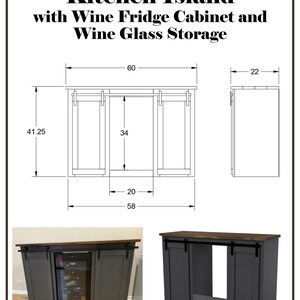 May include: A kitchen island with a wine fridge cabinet and wine glass storage. The island is 60 inches wide, 41.25 inches tall, and 58 inches deep. The cabinet has two sliding doors and a wine fridge. The wine glass storage is on the bottom shelf. The island is made of wood and has a dark gray finish.