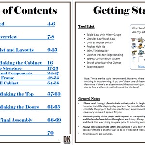 May include: A table of contents for a woodworking project, with instructions on how to make a cabinet, top, doors, and final assembly. The page also includes a tool list and general notes for the project.
