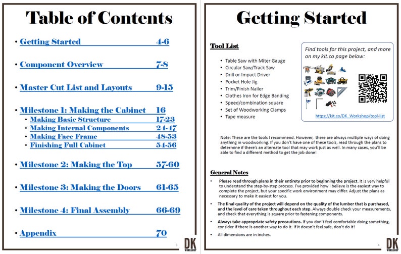 May include: A table of contents for a woodworking project, with instructions on how to make a cabinet, top, doors, and final assembly. The page also includes a tool list and general notes for the project.