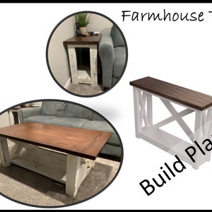 May include: Farmhouse Trio build plans. The image shows three different wooden tables. The tables have a dark brown top and a white base. The text "Farmhouse Trio" and "Build Plans" are visible in the image.