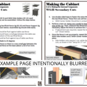 May include: A page from a woodworking instruction manual with a blurred image of a table saw and a fence. The text on the page reads "Making the Cabinet" and "WGH Secondary Cuts".