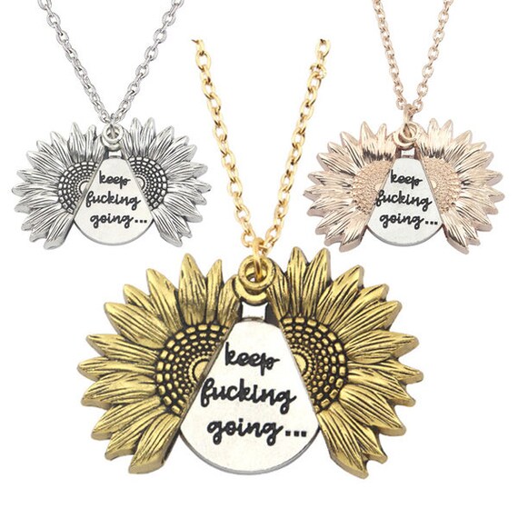 Silver Tone Necklace Keep Fcking Going Sunflower Locket