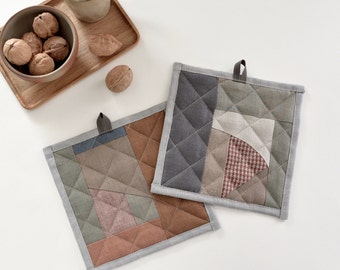 Brown Grey Color Block Linen Pot Holders set of 2 - Bauhaus, Modern Patchwork Zero waste Hosting gift - Hot Pads WALNUT