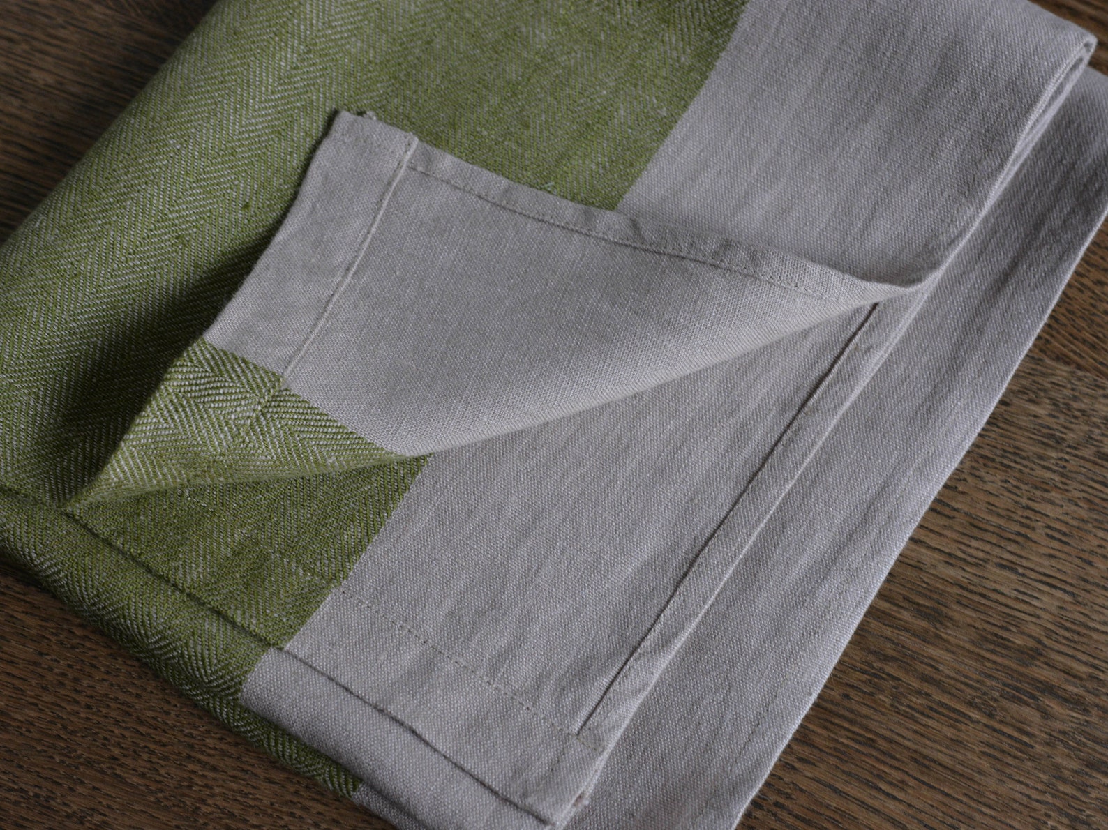 Moss Green Gray Linen Two Places Table Mat Rustic Dining Table Runner