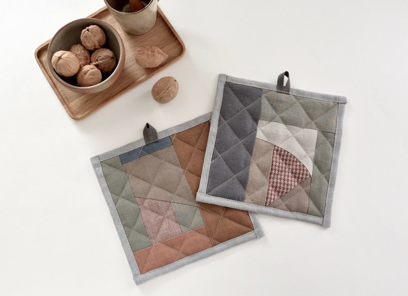 Brown Grey Color Block Linen Pot Holders set of 2 Bauhaus, Modern Patchwork Zero waste Hosting gift Hot Pads WALNUT image 1