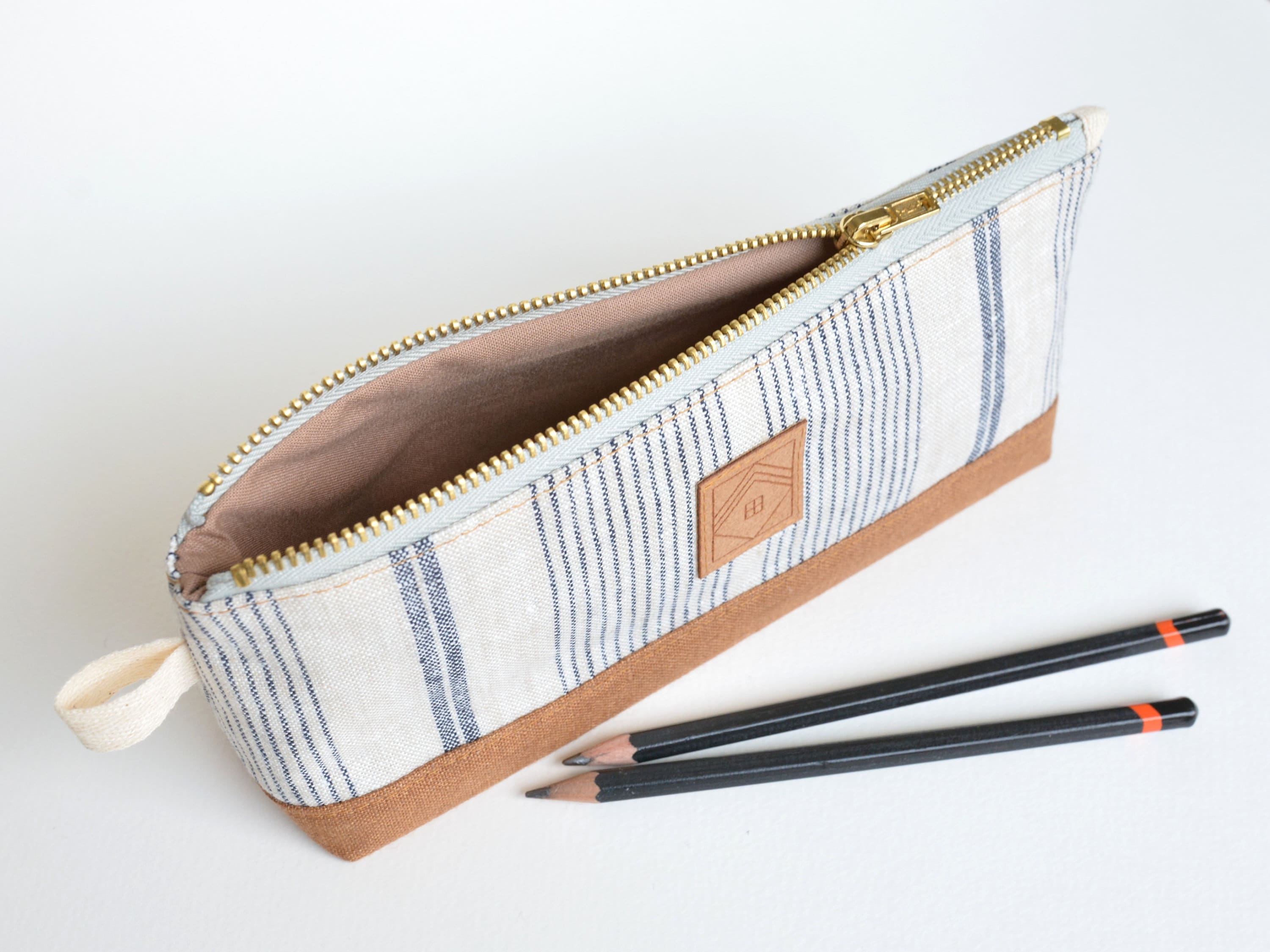 Linen Pencil Case Grey Brown Adult Pencil Holder Gift for Coworker