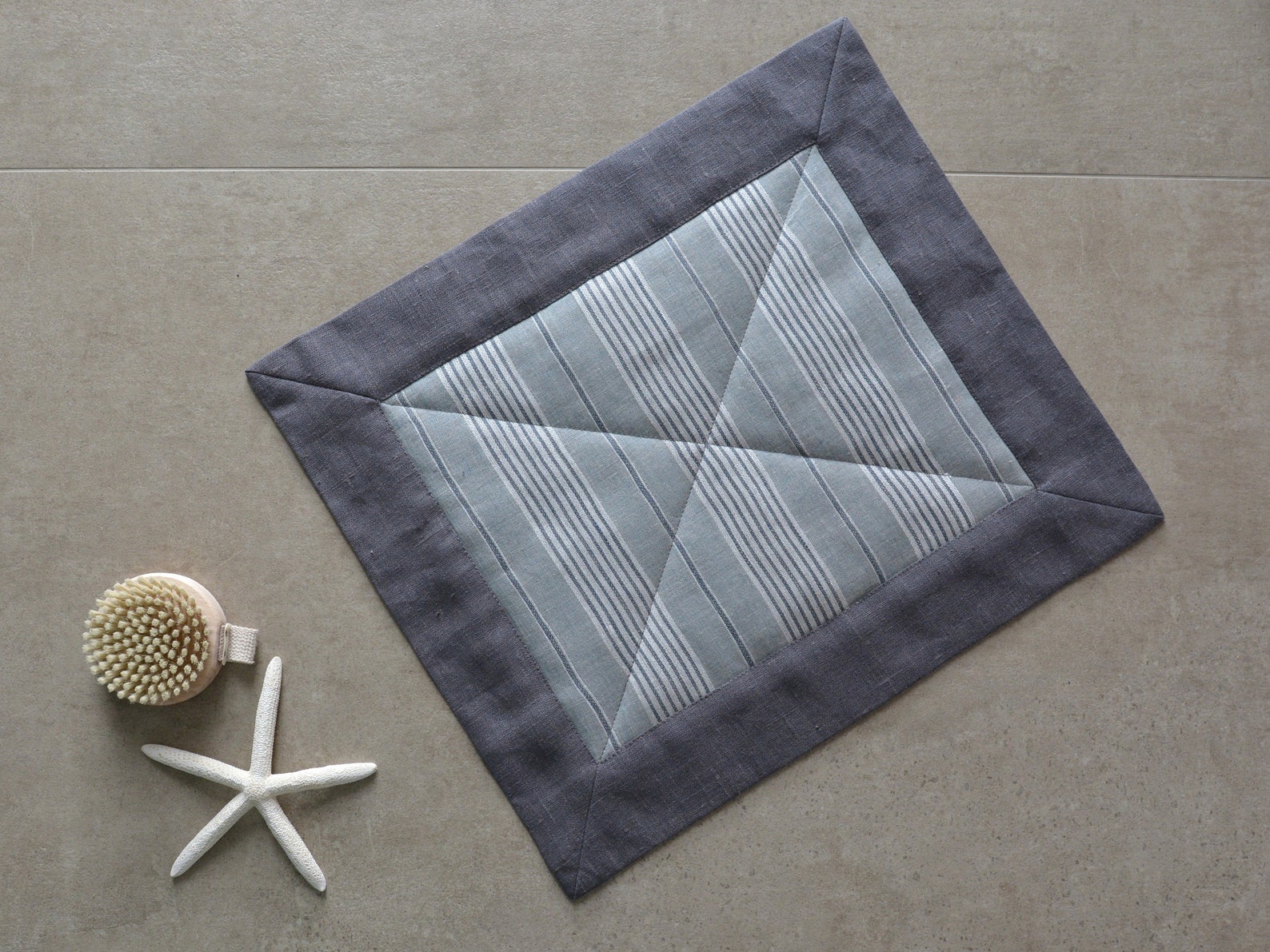 Grey Striped Linen Bath Rug With Batting Quilted Linen Feet Etsy