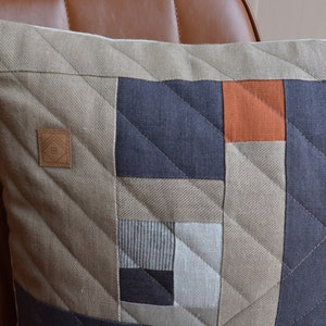 Grey Orange Color Block Patchwork Linen Throw Pillow Cover 17 x 17 One of a kind, Modern, Neutral, Minimalist, Industrial Room Decor image 4