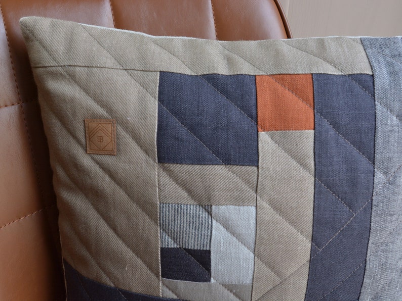 Grey Orange Color Block Patchwork Linen Throw Pillow Cover 17 x 17 One of a kind, Modern, Neutral, Minimalist, Industrial Room Decor image 4