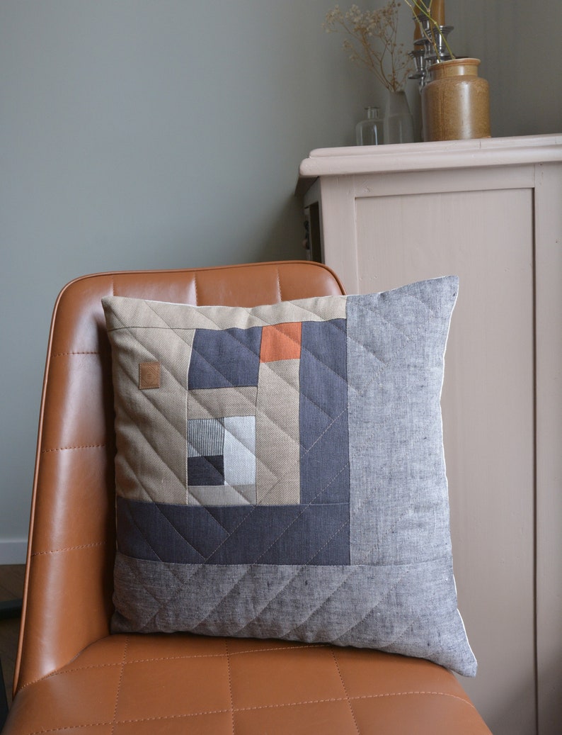 Grey Orange Color Block Patchwork Linen Throw Pillow Cover 17 x 17 One of a kind, Modern, Neutral, Minimalist, Industrial Room Decor image 2