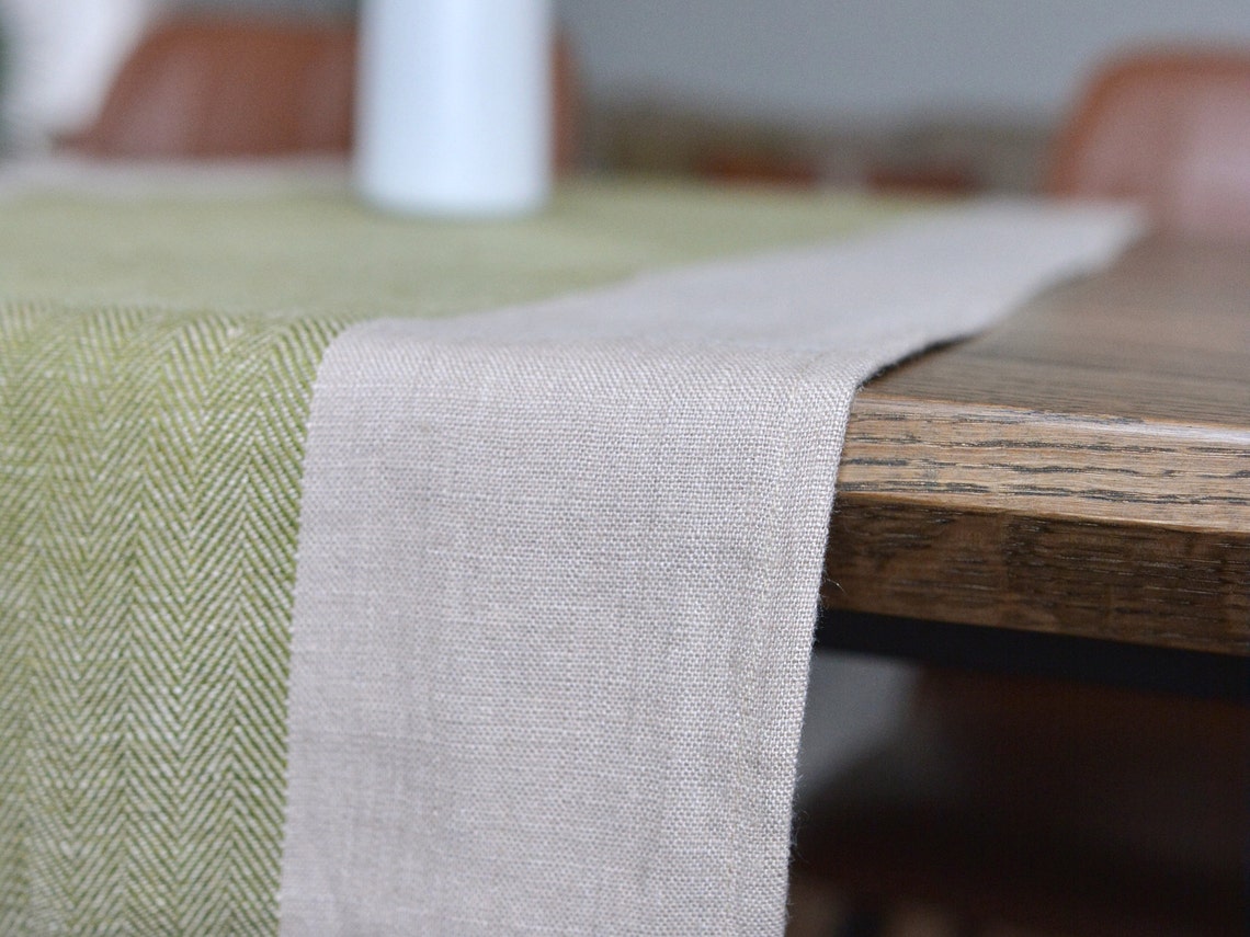 Moss Green Gray Linen Two Places Table Mat Rustic Dining Table Runner
