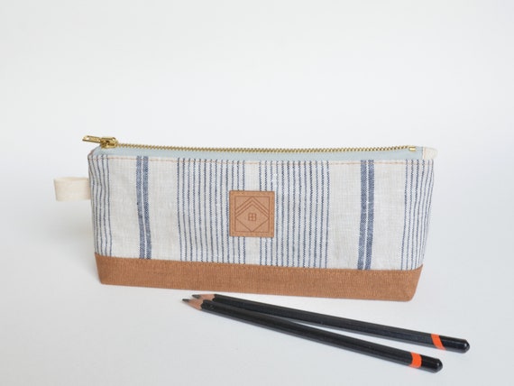 Linen Pencil Case Grey Brown Adult Pencil Holder Gift for Coworker
