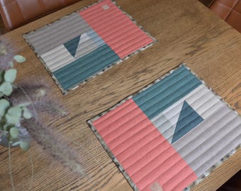 Quilted Patchwork Linen Table Placemats Set of 2 - Gift for couple - Modern, Boho, Geometric, Farmhouse table setting