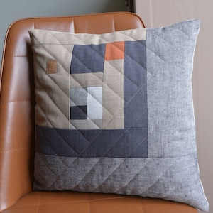 Grey Orange Color Block Patchwork Linen Throw Pillow Cover 17 x 17 One of a kind, Modern, Neutral, Minimalist, Industrial Room Decor image 1