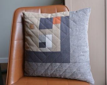 Grey Orange Color Block Patchwork Linen Throw Pillow Cover 17 x 17 - One of a kind, Modern, Neutral, Minimalist, Industrial Room Decor