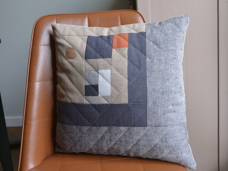 Grey Orange Color Block Patchwork Linen Throw Pillow Cover 17 x 17 One of a kind, Modern, Neutral, Minimalist, Industrial Room Decor image 1