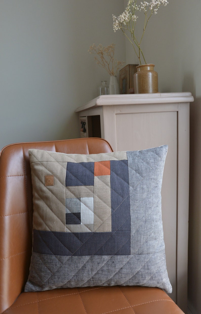 Grey Orange Color Block Patchwork Linen Throw Pillow Cover 17 x 17 One of a kind, Modern, Neutral, Minimalist, Industrial Room Decor image 7