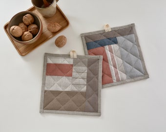 Rust Grey Color Block Patchwork Linen Pot Holders set of 2 - Minimalist, Scandi Zero waste Hosting gift - Hot Pads WALNUT