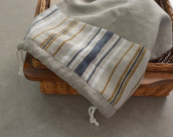 Striped Linen Drawstring bag - Travel Clothing, Laundry, Underwear bag, Organizer, Utility sack, Reusable gift bag