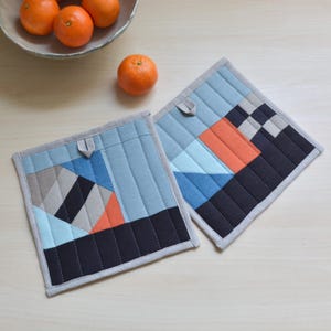 Linen Pot Holders, Patchwork Color Block - Minimalist, Modern, Zero waste Hosting, Housewarming, gift - Hot pads TANGERINE