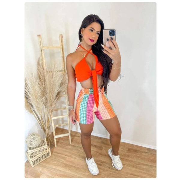 Print And Open Orange Two Piece Set Side Top Organic Shorts Short