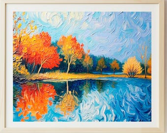 Handmade Autumn Reflection Art Print: Post-Impressionism Fall Decor