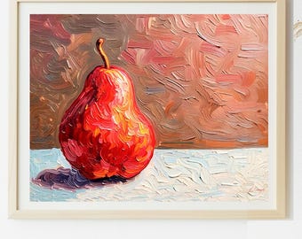 Handmade Red Pear Still Life Art Print: Post Impressionist Home Decor