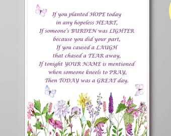 Handmade Watercolor Wildflower Art Print: Inspirational Hope Poem Home Decor