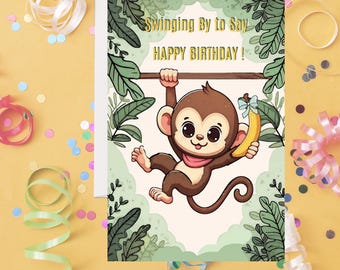Monkey Birthday Card, Swinging Animal (PDF Download