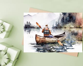 Man in Canoe Card: Watercolor Lake Scene (Download)