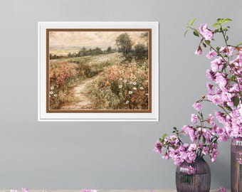 Handmade Sunset Landscape Art Print :Country Field Wall Decor