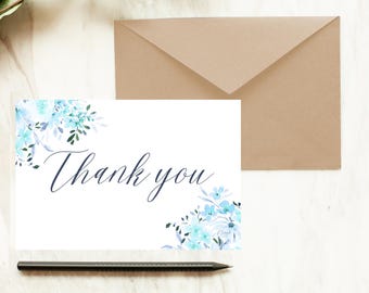 Floral Thank You Card: Printable Blue Flower Note (Digital Download)