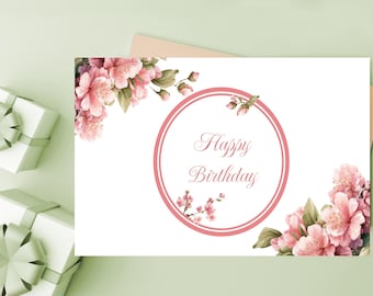 Floral Cherry Blossoms Birthday Card (Instant Download)