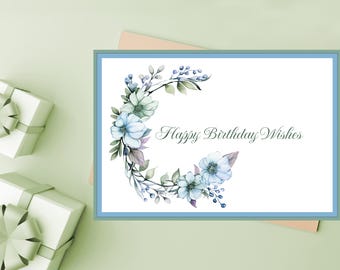 Blue Floral Birthday Card: Watercolor Flower DIY Card (Digital Download)