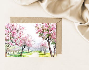 Cherry Blossom Watercolor Card, Thinking of You, Mom Greeting (Digital Download)